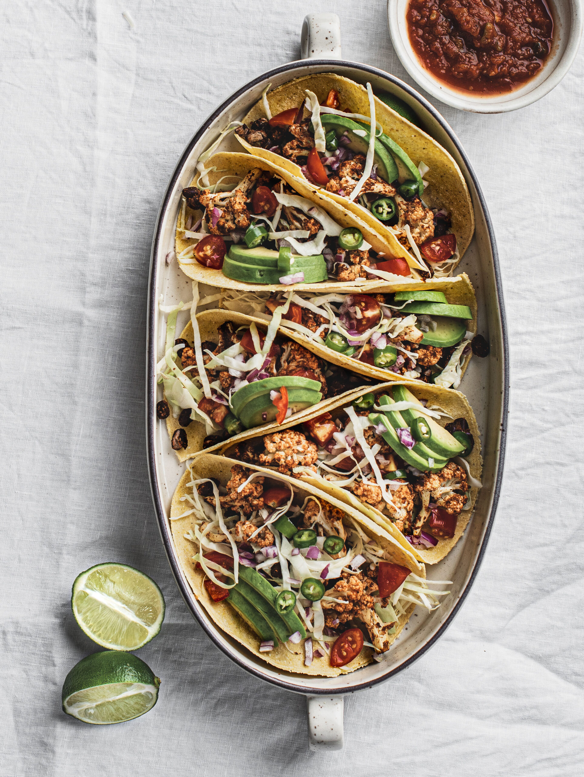 Vegan cauliflower tacos in a casserole dish